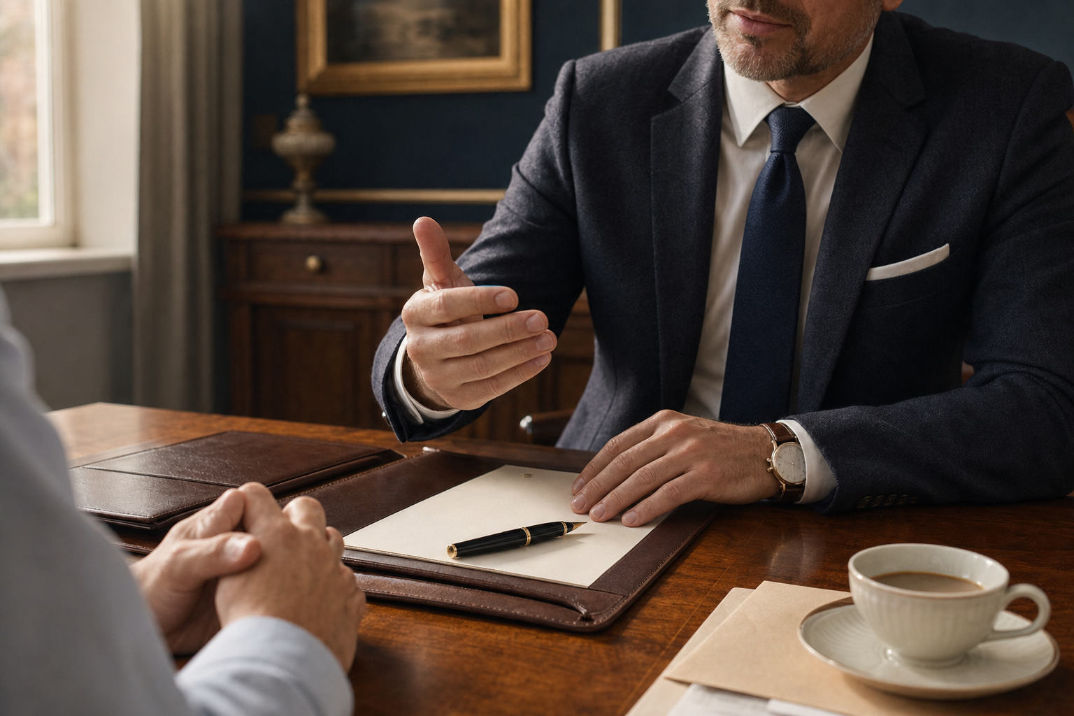Two people meeting across a wooden table with a leather portfolio and fountain pen, in a warm classical office with deep navy walls.