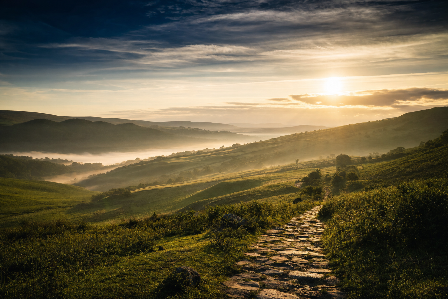 Golden morning light breaking over rolling hills with a stone path winding into the distance — evoking quiet pastures, steady trust, and faithful stewardship.